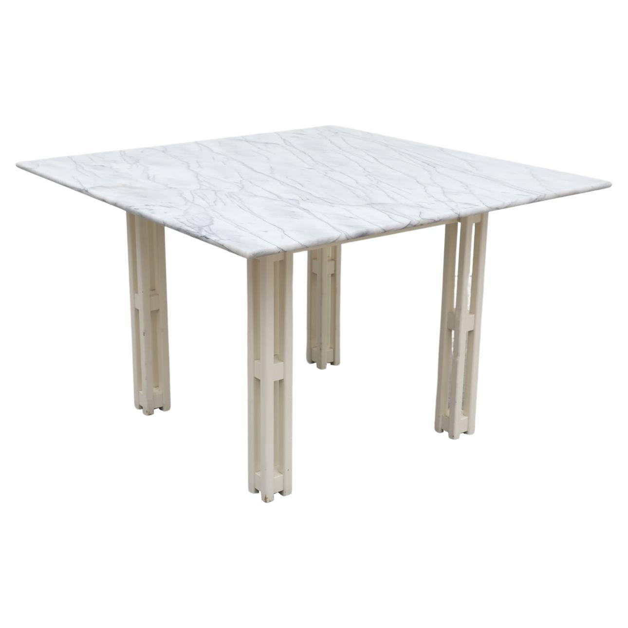 Mid-Century Jean Maneval Style Square White Marble Table with Architectural Base For Sale