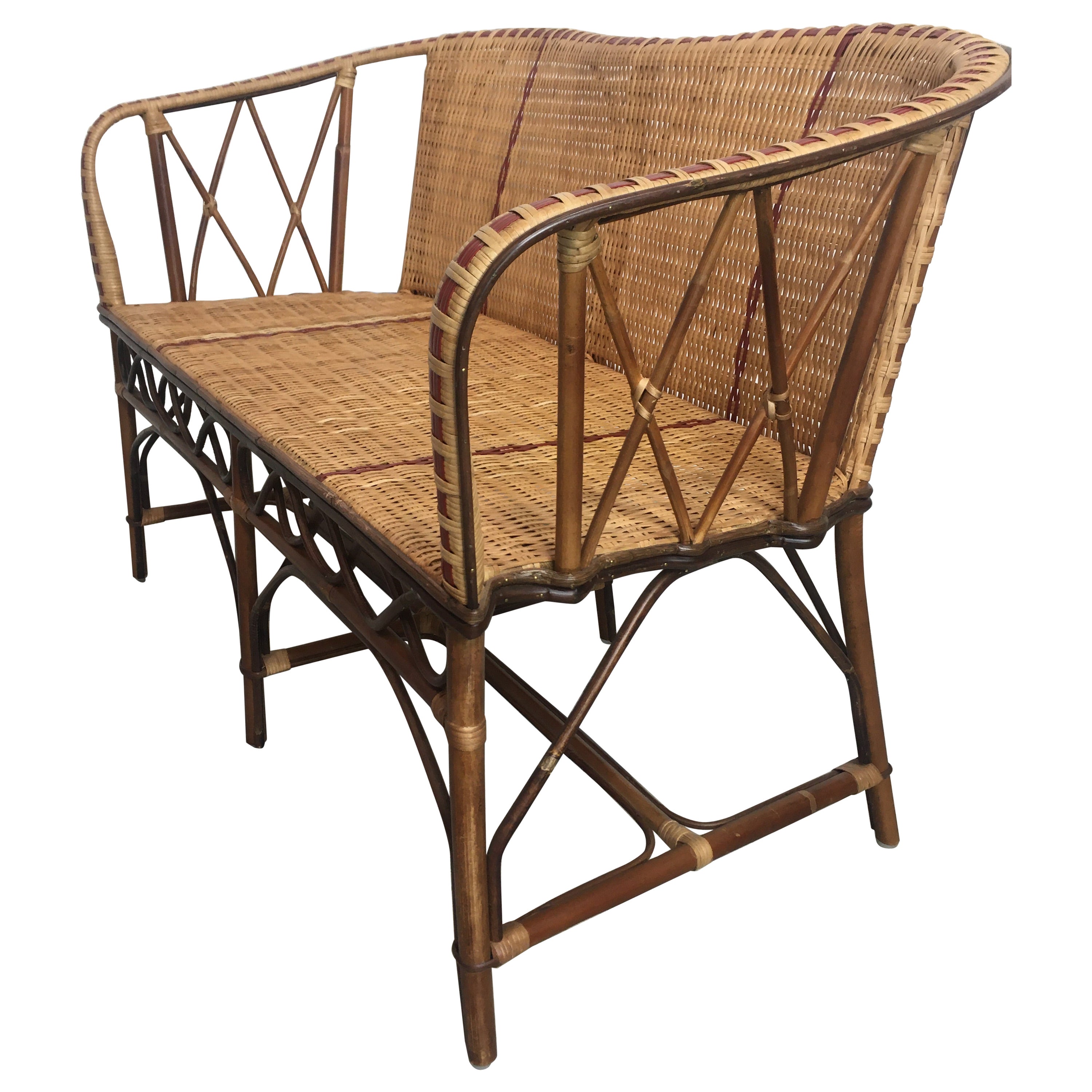French 1900s Design Bistro Style Sofa In Rattan and Braided Wicker Cane For Sale