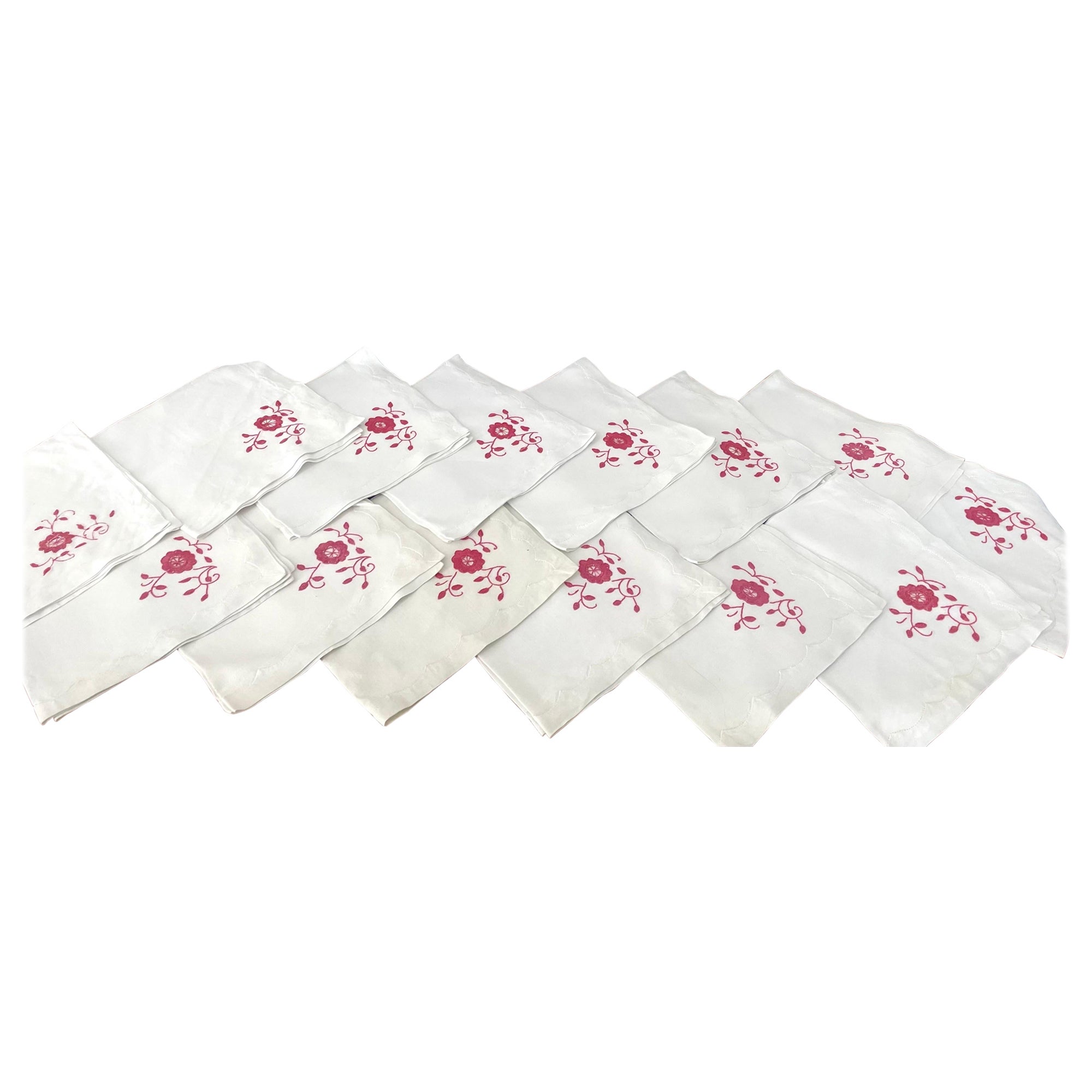 French Antique Set 14 White Linen Napkins Embroidered Red Rose 1900 Art Nouveau For Sale