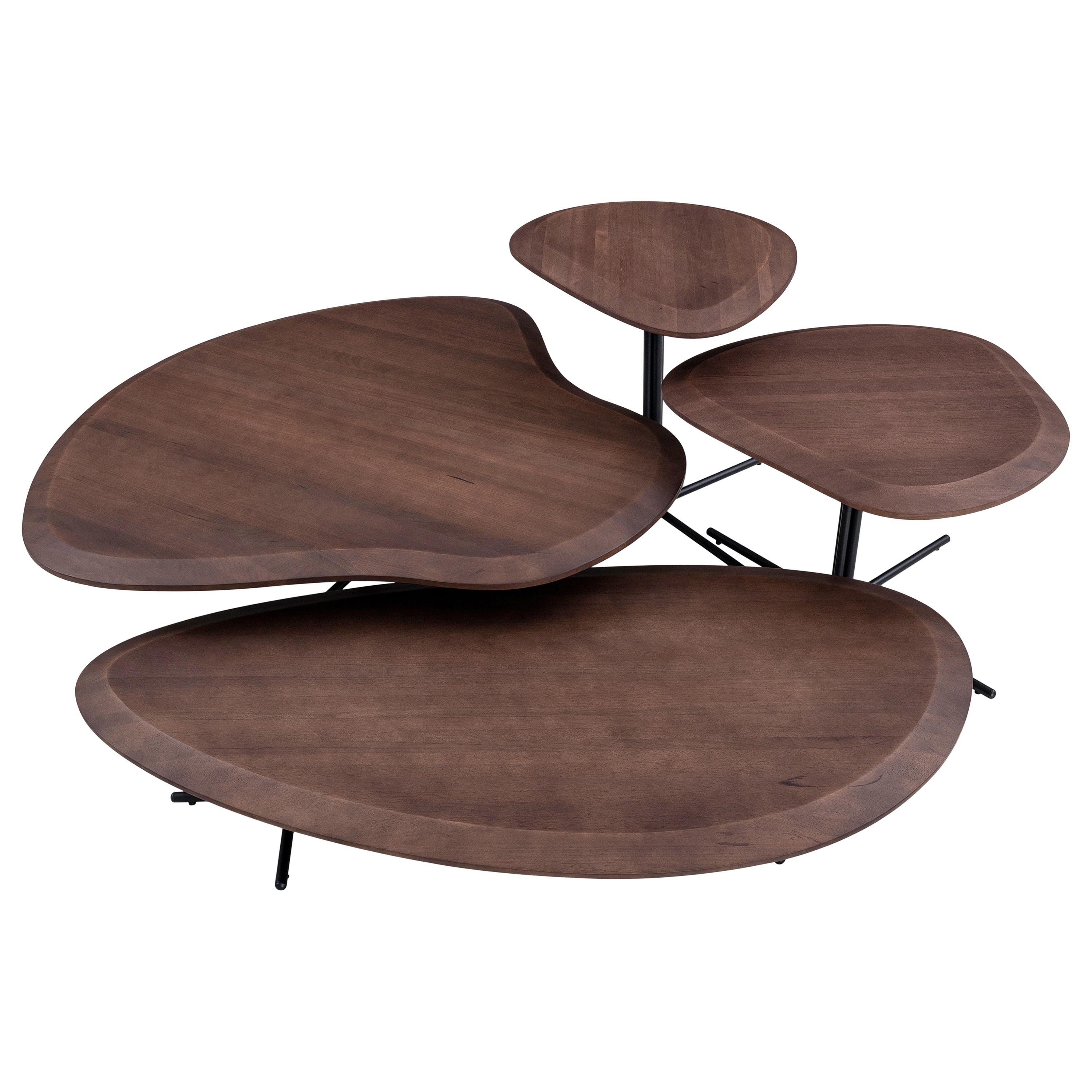 Pante Coffee Table in Walnut Wood Finish and Black Legs, Set of 4 For Sale