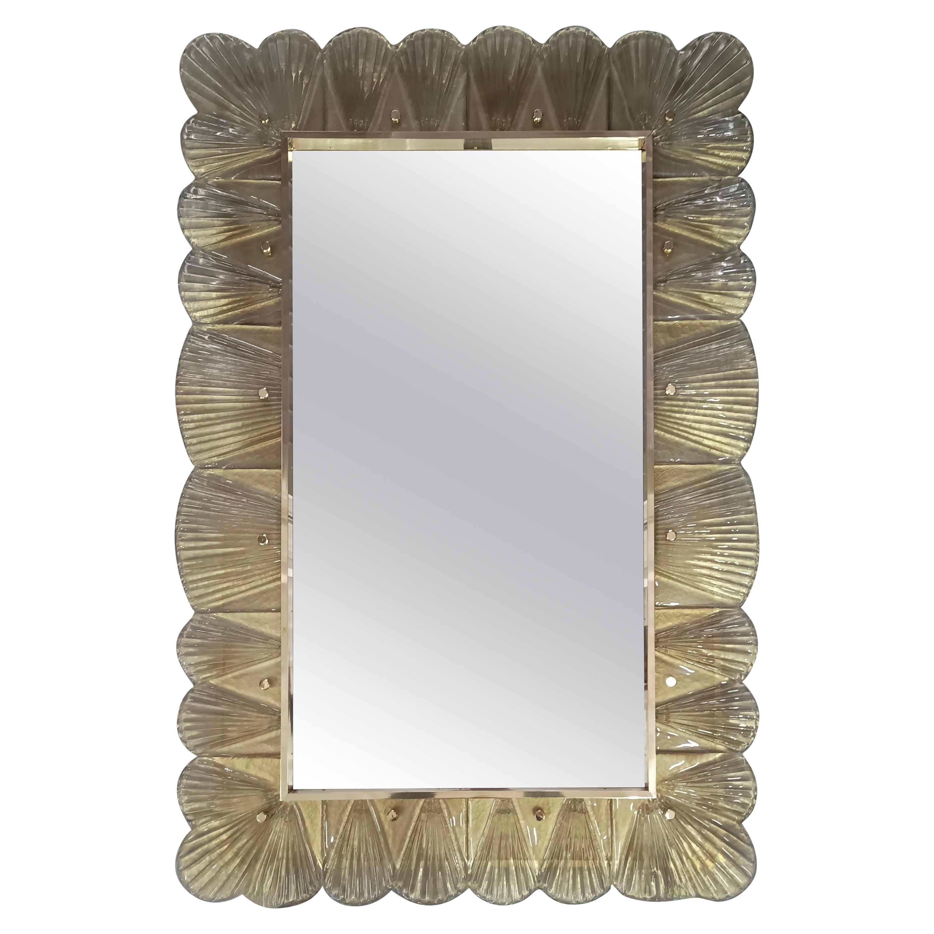 Murano Amber/Fume' Color Glass and Brass Mid-Century Wall Mirror, 2000 For Sale