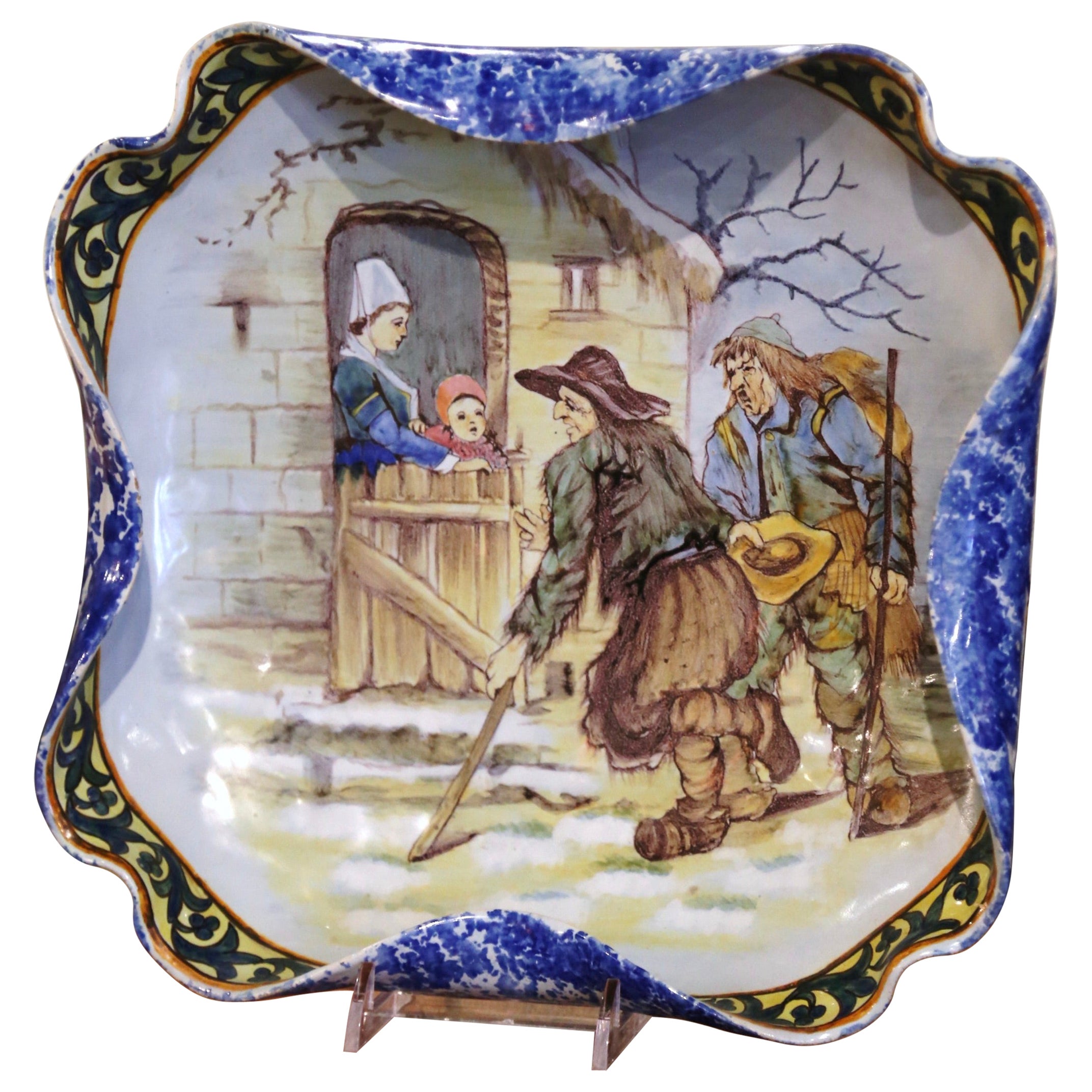 19th Century French Hand Painted Porquier Beau Faience Dish from Quimper
