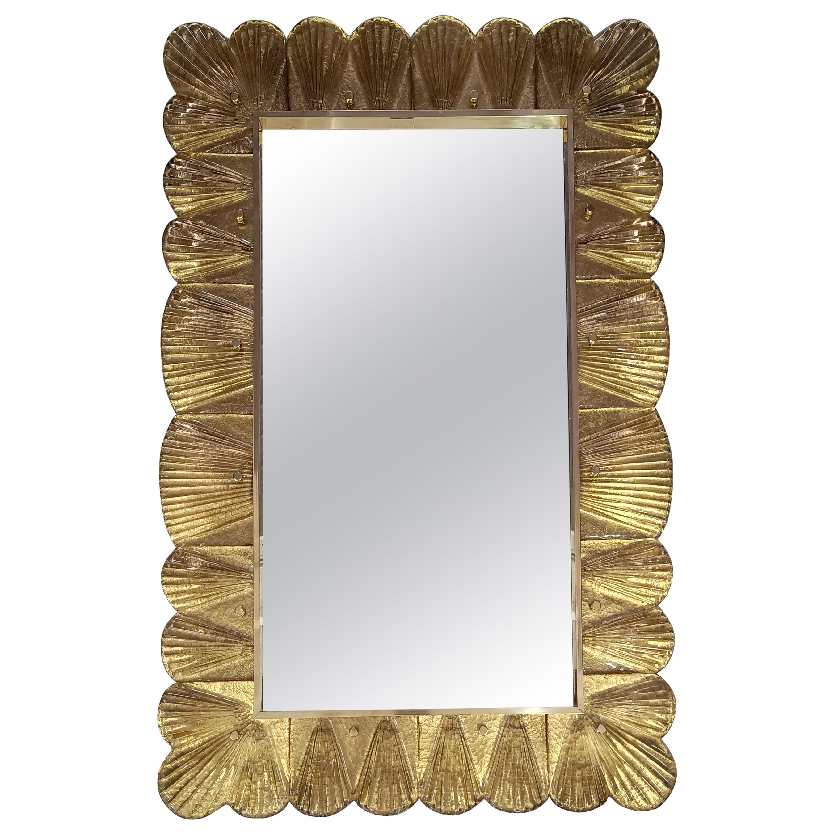 Murano Gold Color Glass and Brass Mid-Century Wall Mirror, 2000 For Sale