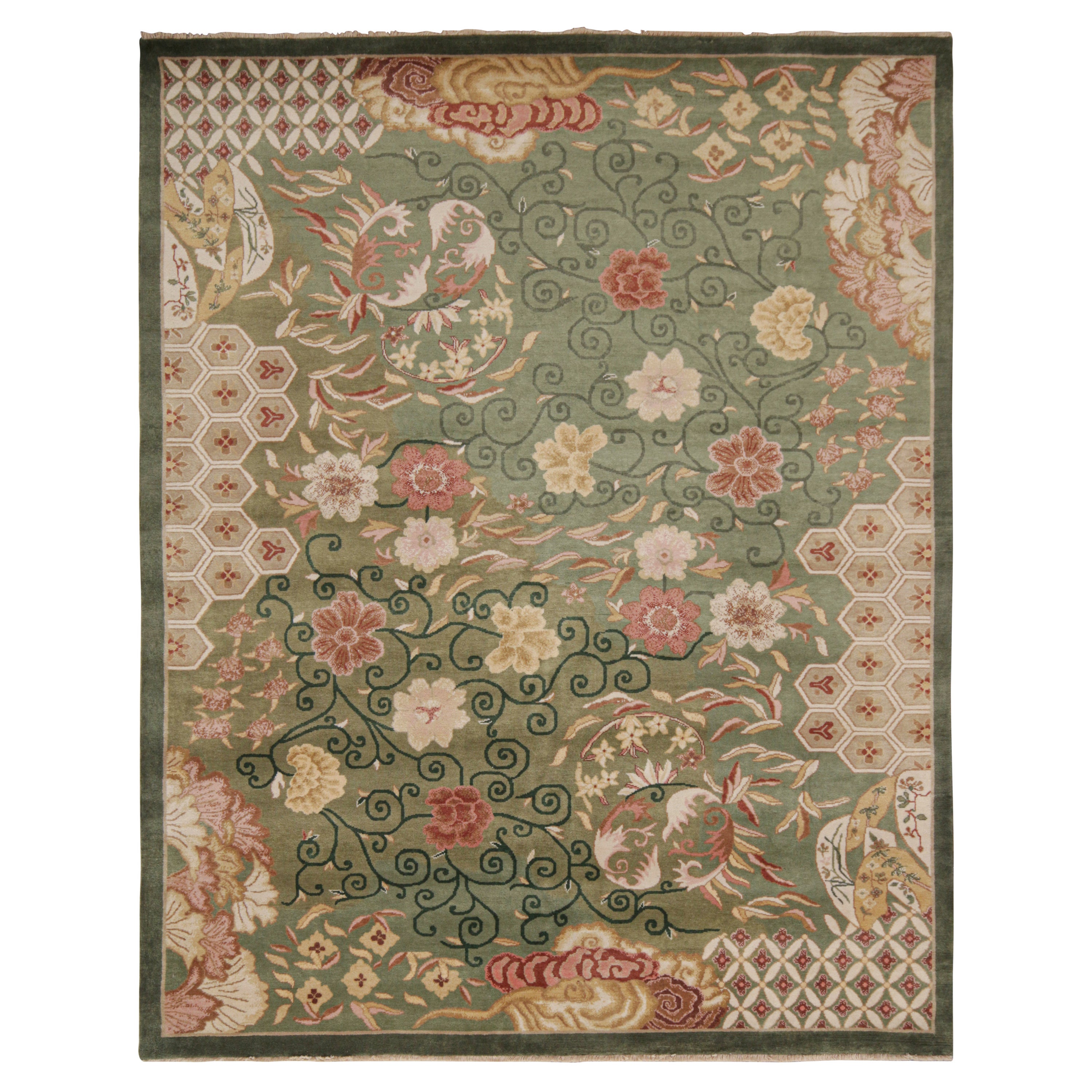 Rug & Kilim’s Chinese Style Art Deco Rug in Green with Red & Gold Florals For Sale