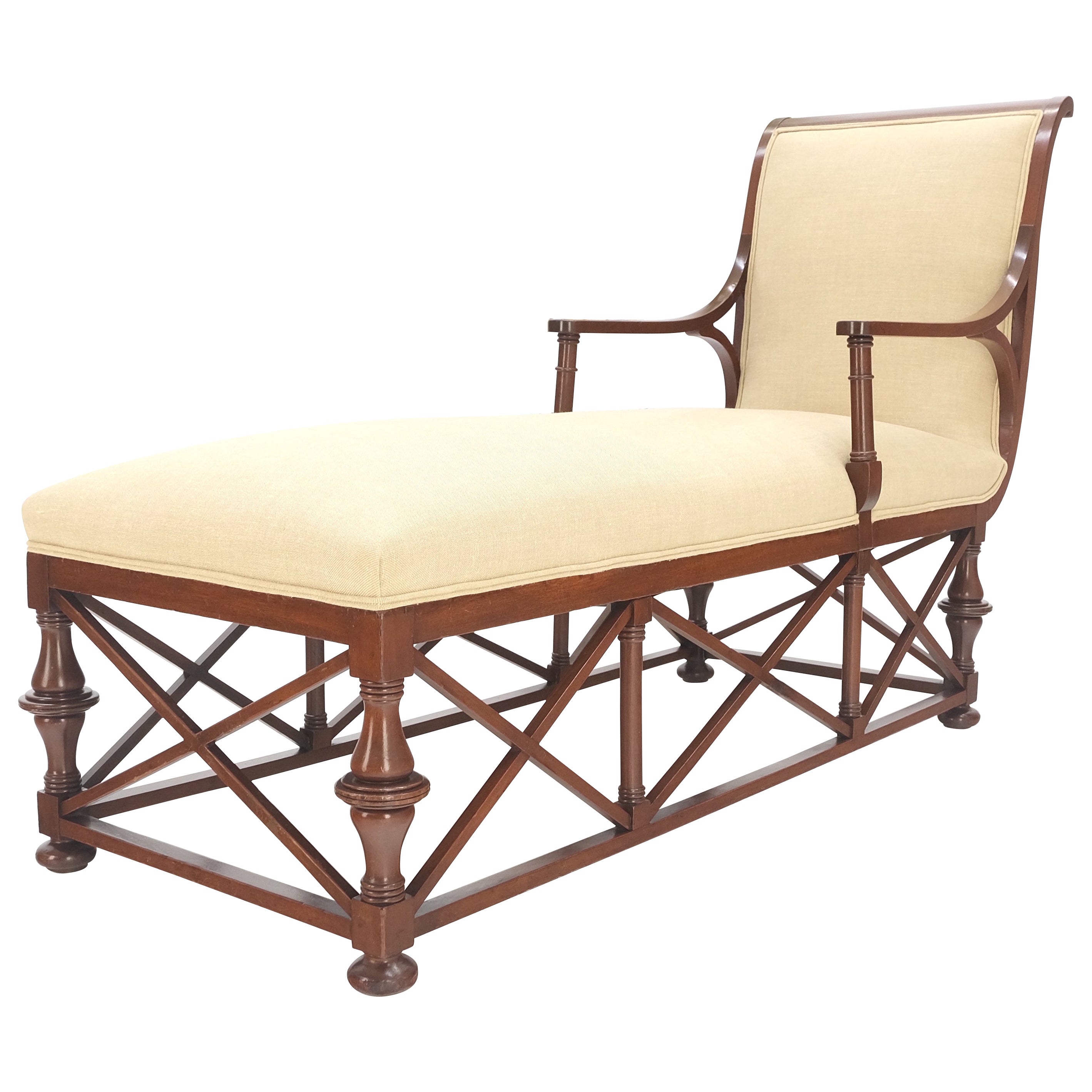 New Linen Upholstery Carved Mahogany Federal Style Chaise Lounge Chair MINT! For Sale