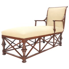 New Linen Upholstery Carved Mahogany Federal Style Chaise Lounge Chair MINT!