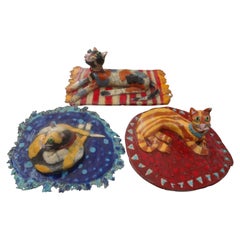 Set of Three Glazed Pottery Cat Sculptures