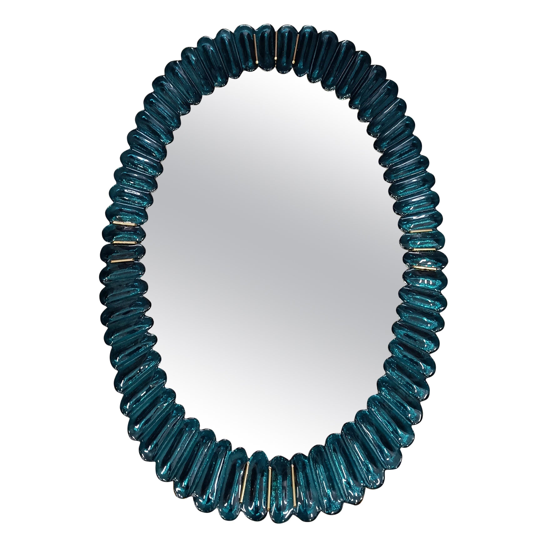 Midcentury Murano Oval Aquamarine Blue Art Glass and Brass Wall Mirror, 2000 For Sale