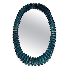 Midcentury Murano Oval Aquamarine Blue Art Glass and Brass Wall Mirror, 2000
