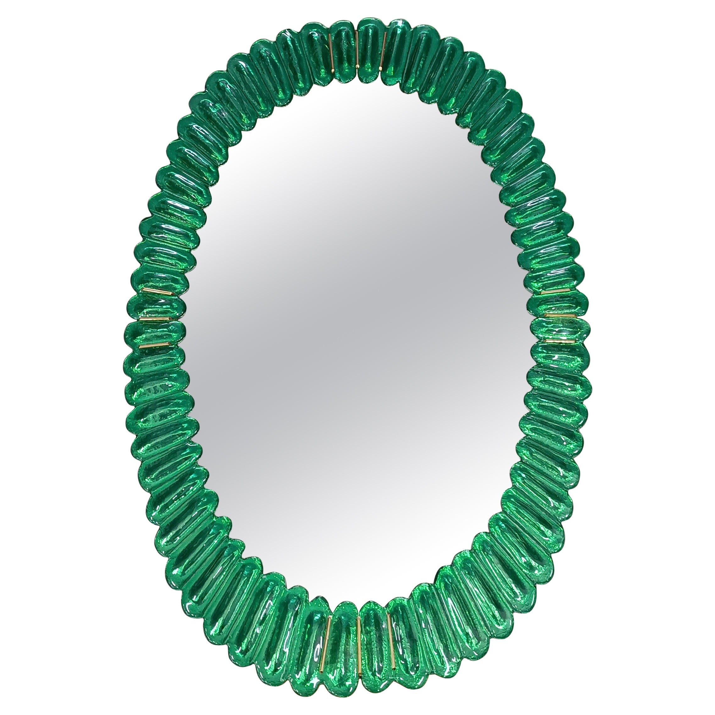 Midcentury Murano Oval Emerald Art Glass and Brass Italian Wall Mirror, 2000 For Sale