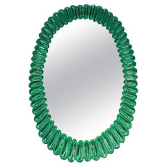 Midcentury Murano Oval Emerald Art Glass and Brass Italian Wall Mirror, 2000
