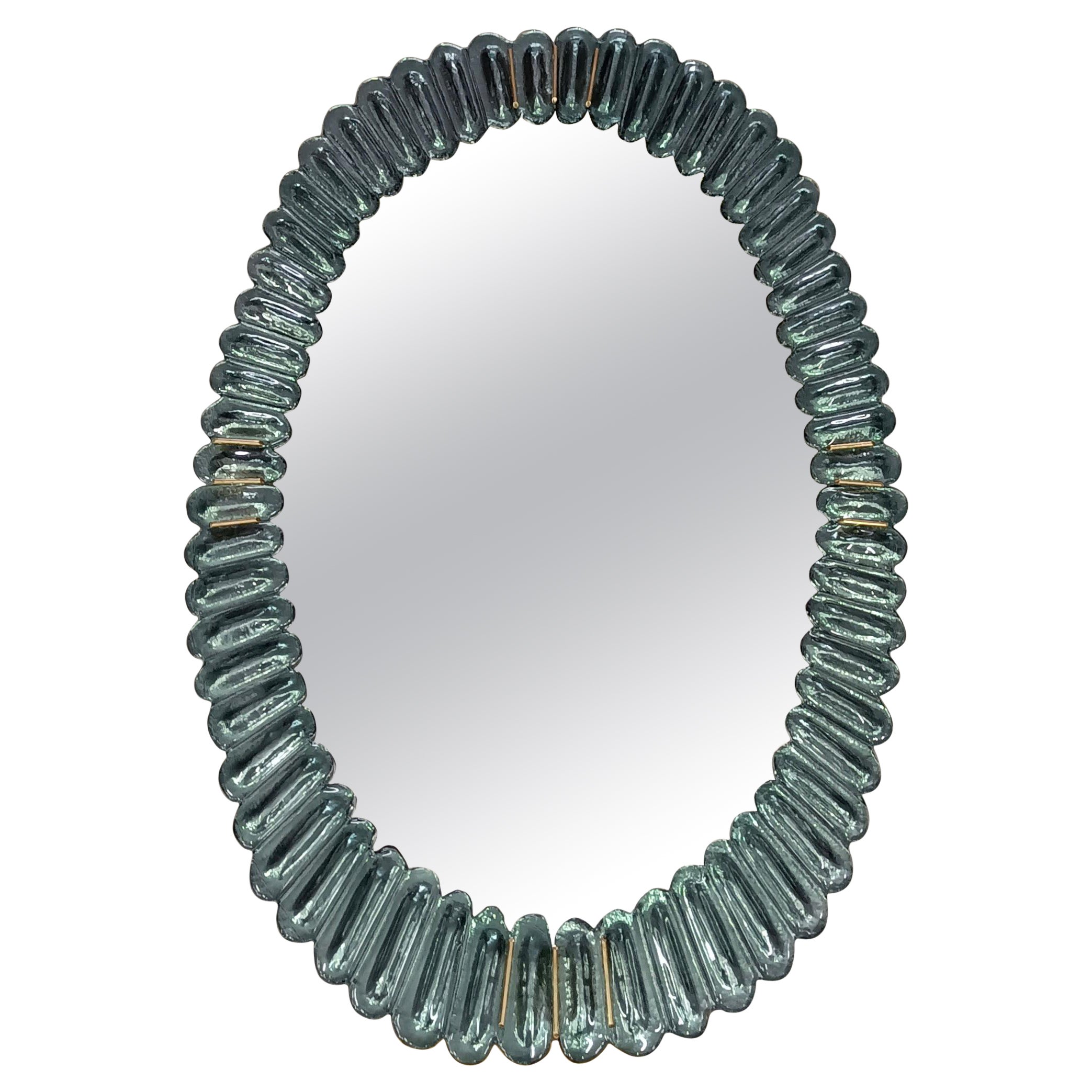 Midcentury Murano Oval Green Aquamarine Art Glass and Brass Wall Mirror, 2000 For Sale