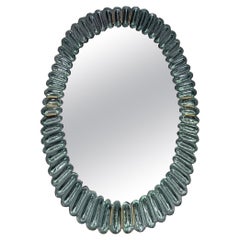 Midcentury Murano Oval Green Aquamarine Art Glass and Brass Wall Mirror, 2000