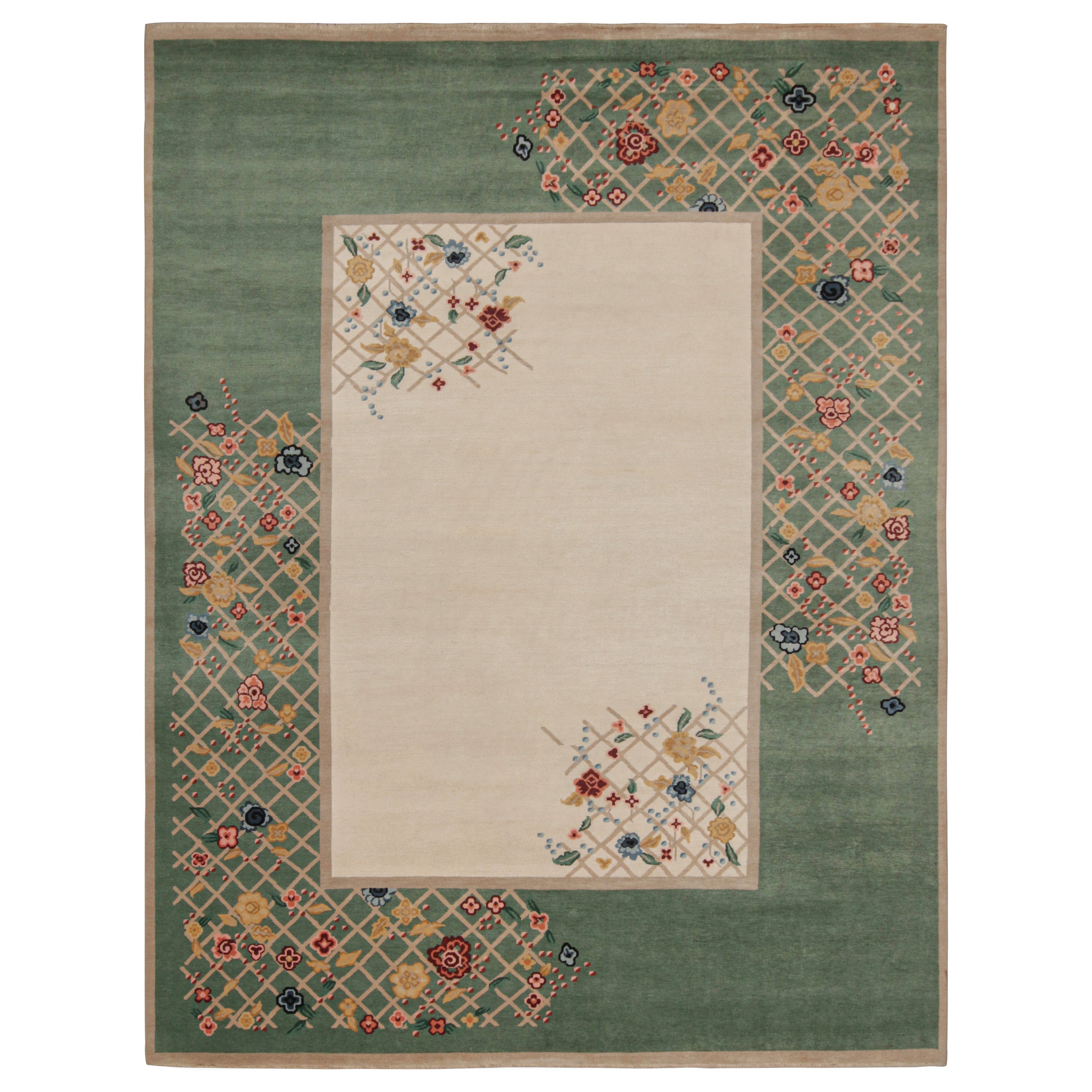 Rug & Kilim’s Chinese Style Art Deco Rug in Green & Ivory with Colorful Florals For Sale