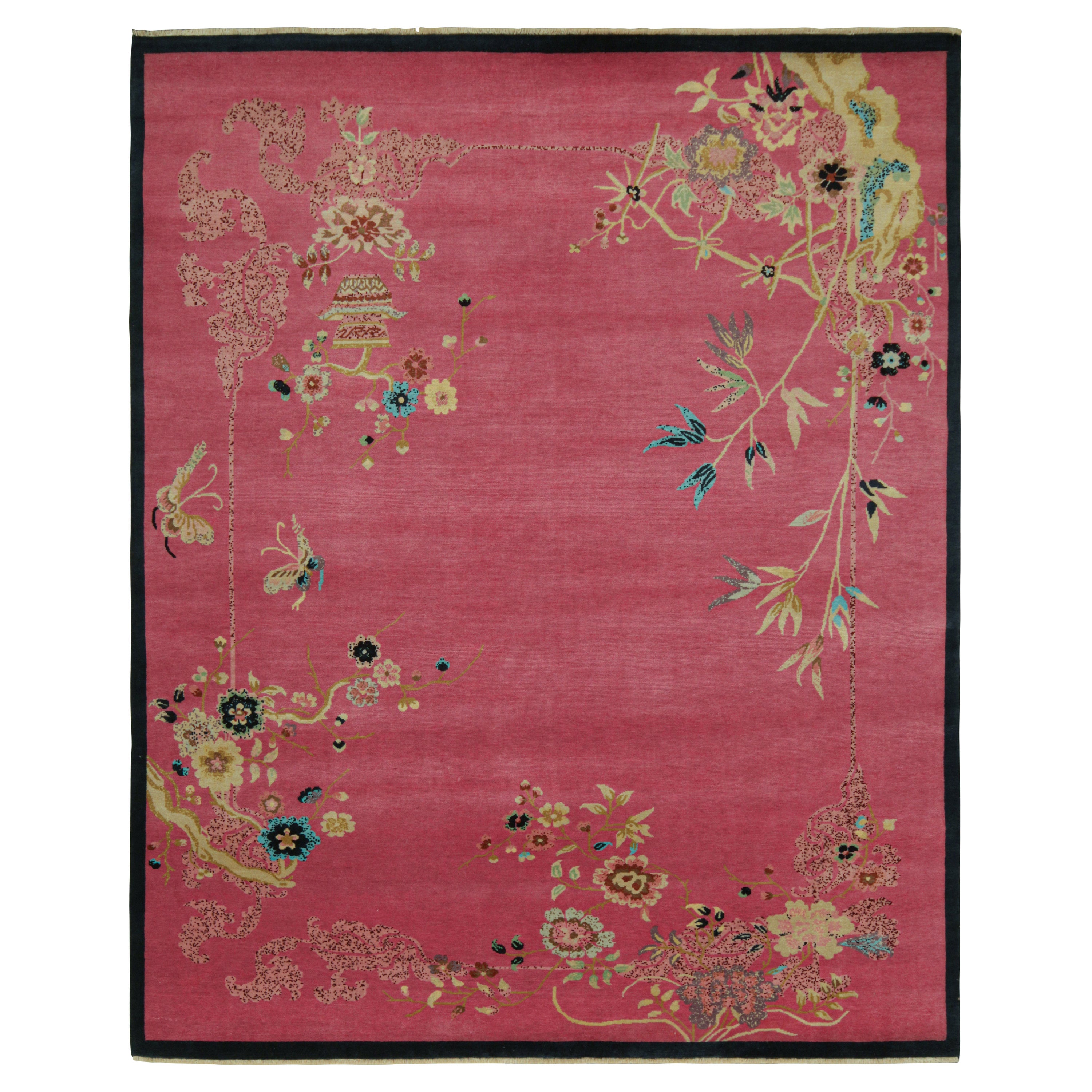 Rug & Kilim’s Chinese Style Art Deco rug in Pink with Colorful Florals For Sale
