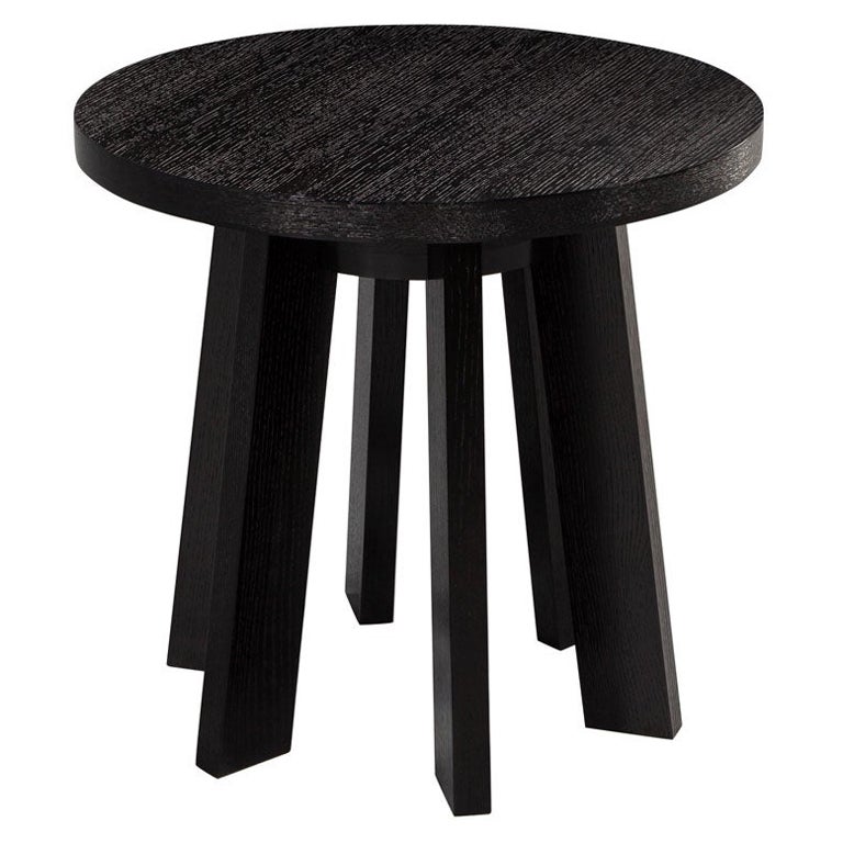 Round Oak Side Table in Black Cerused Finish For Sale