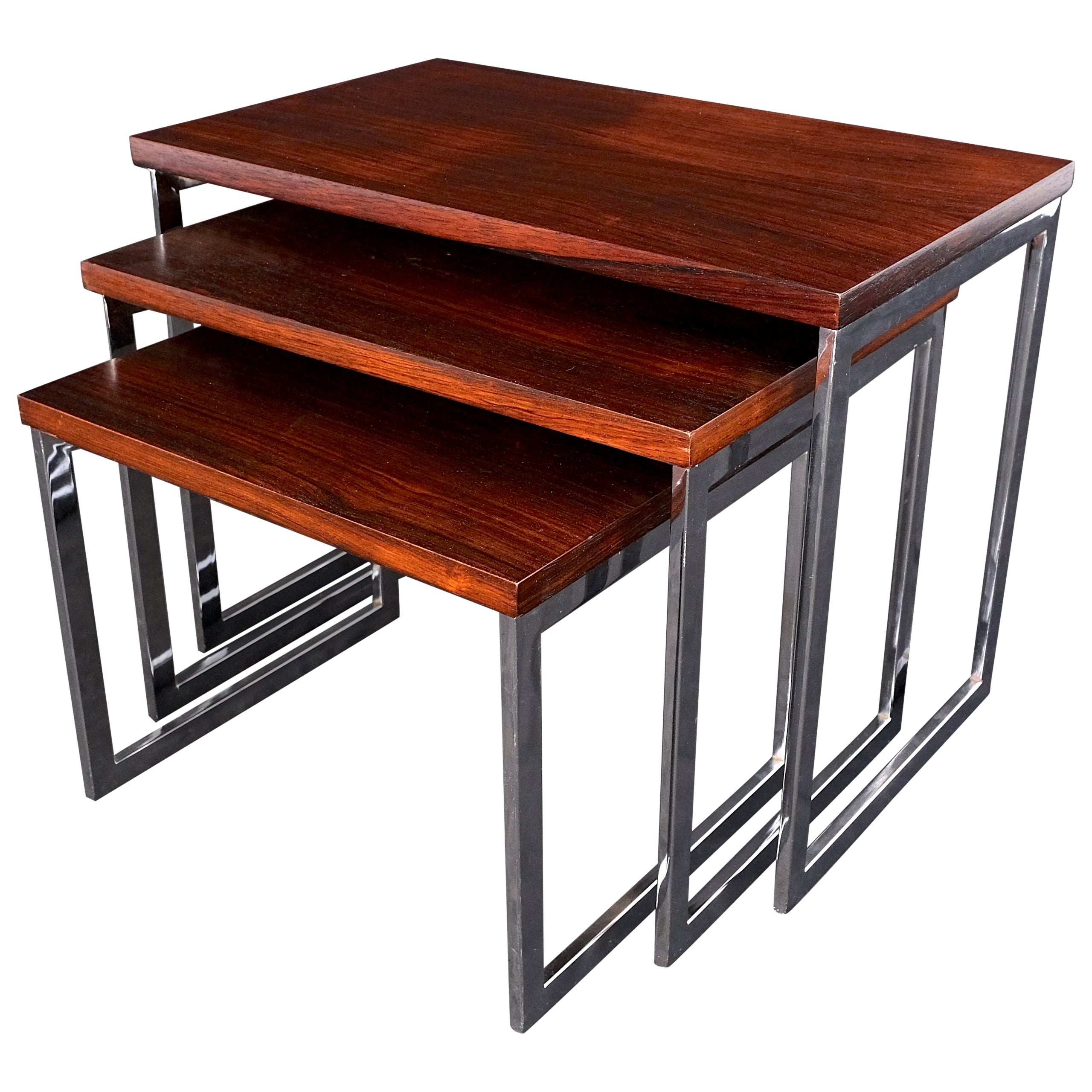Rosewood Tops Chrome Base Mid Century Modern Set of 3 Nesting Side End Tables For Sale