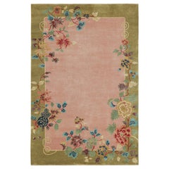 Rug & Kilim's Chinese Style Art Deco rug in Pink & Green with Colorful Florals (tapis de style chinois Art déco en rose et vert avec des fleurs colorées)