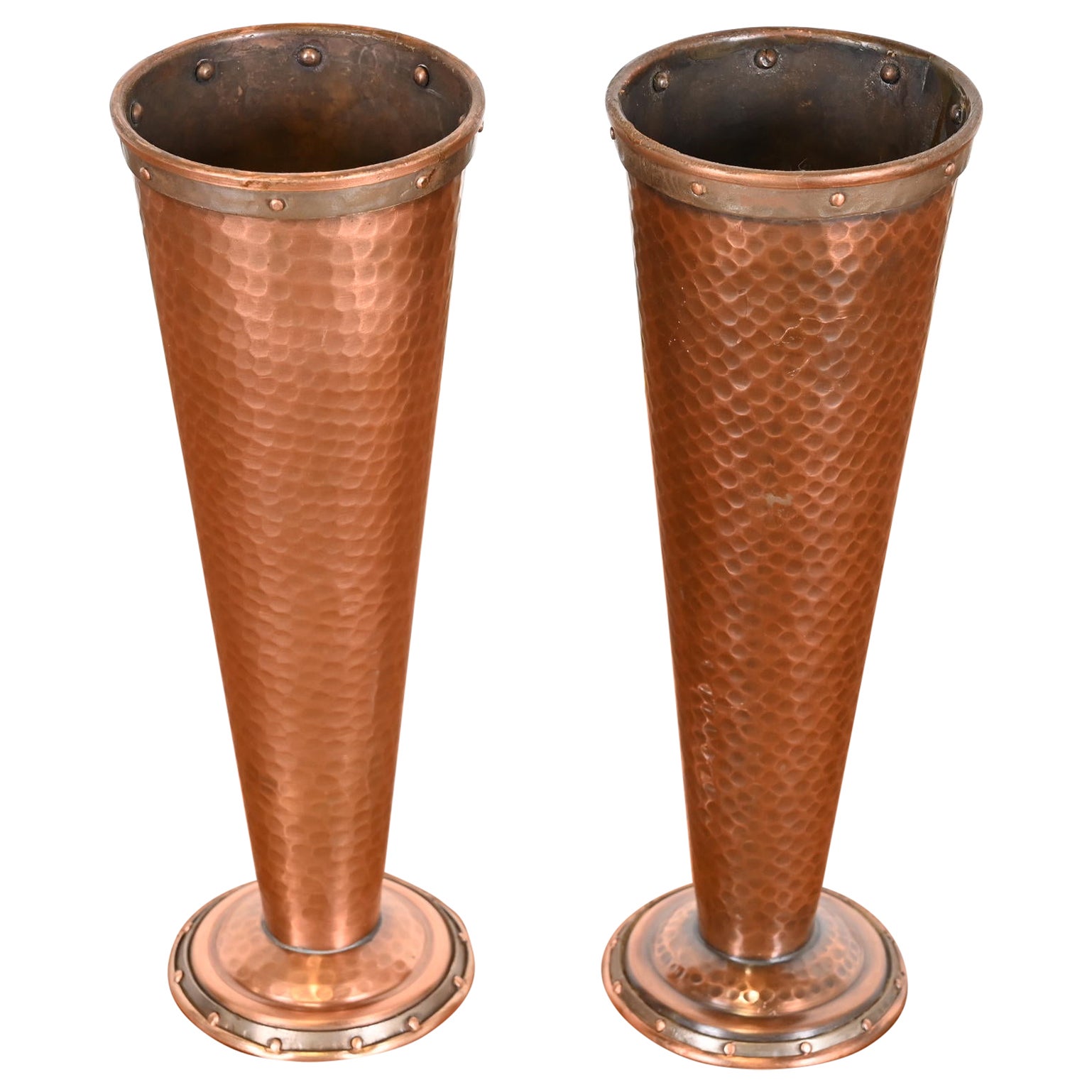Joseph Heinrichs Style Arts and Crafts Hand-Hammered Copper Vases, Pair