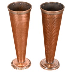 Antique Joseph Heinrichs Style Arts and Crafts Hand-Hammered Copper Vases, Pair