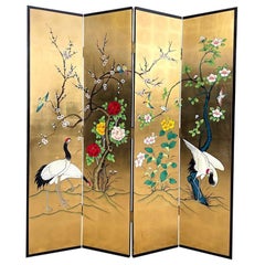 Oriental Gold Leaf and Hand Painted Four Panel Screen Decorated with Cranes