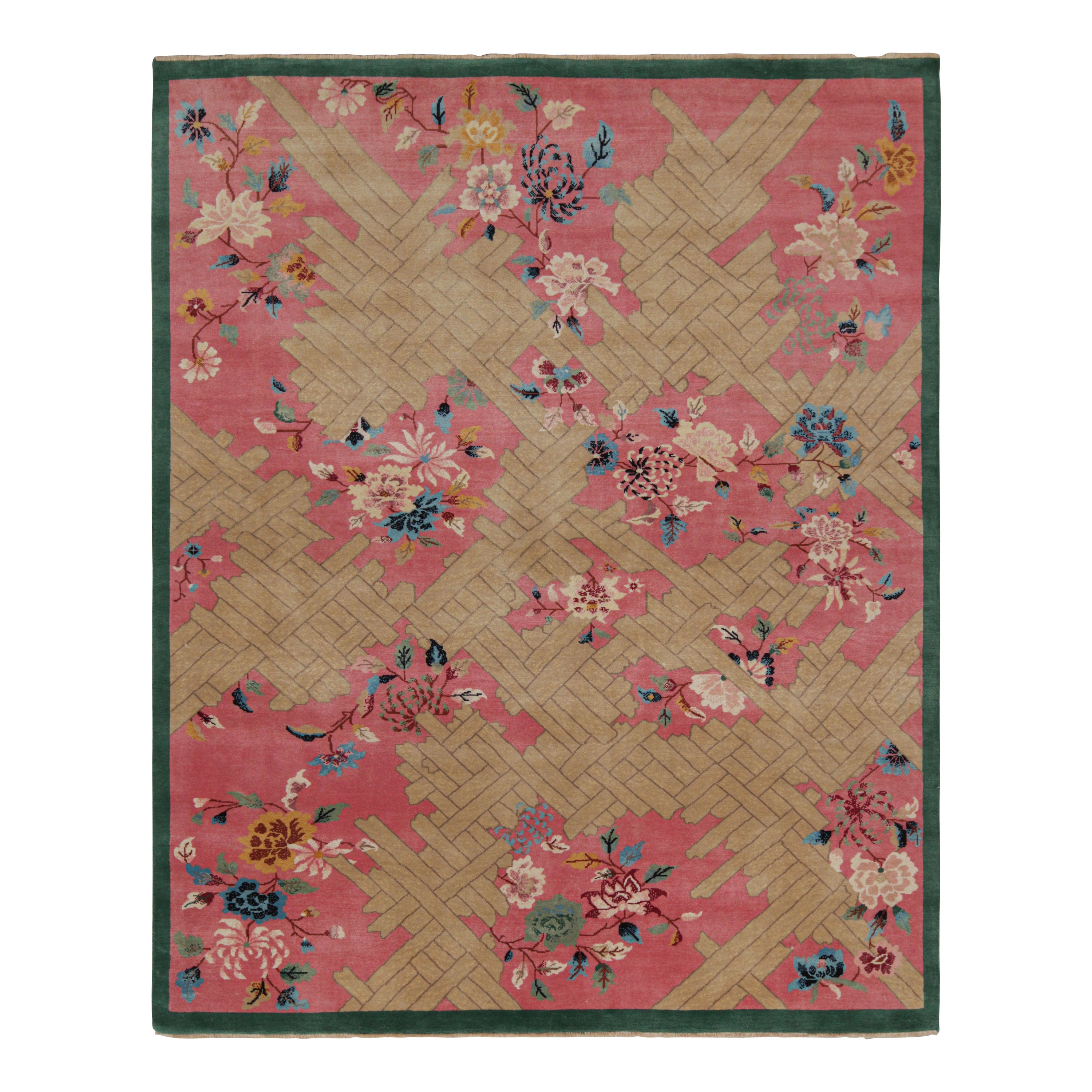 Rug & Kilim’s Chinese Style Art Deco Rug in Pink with Colorful Florals For Sale