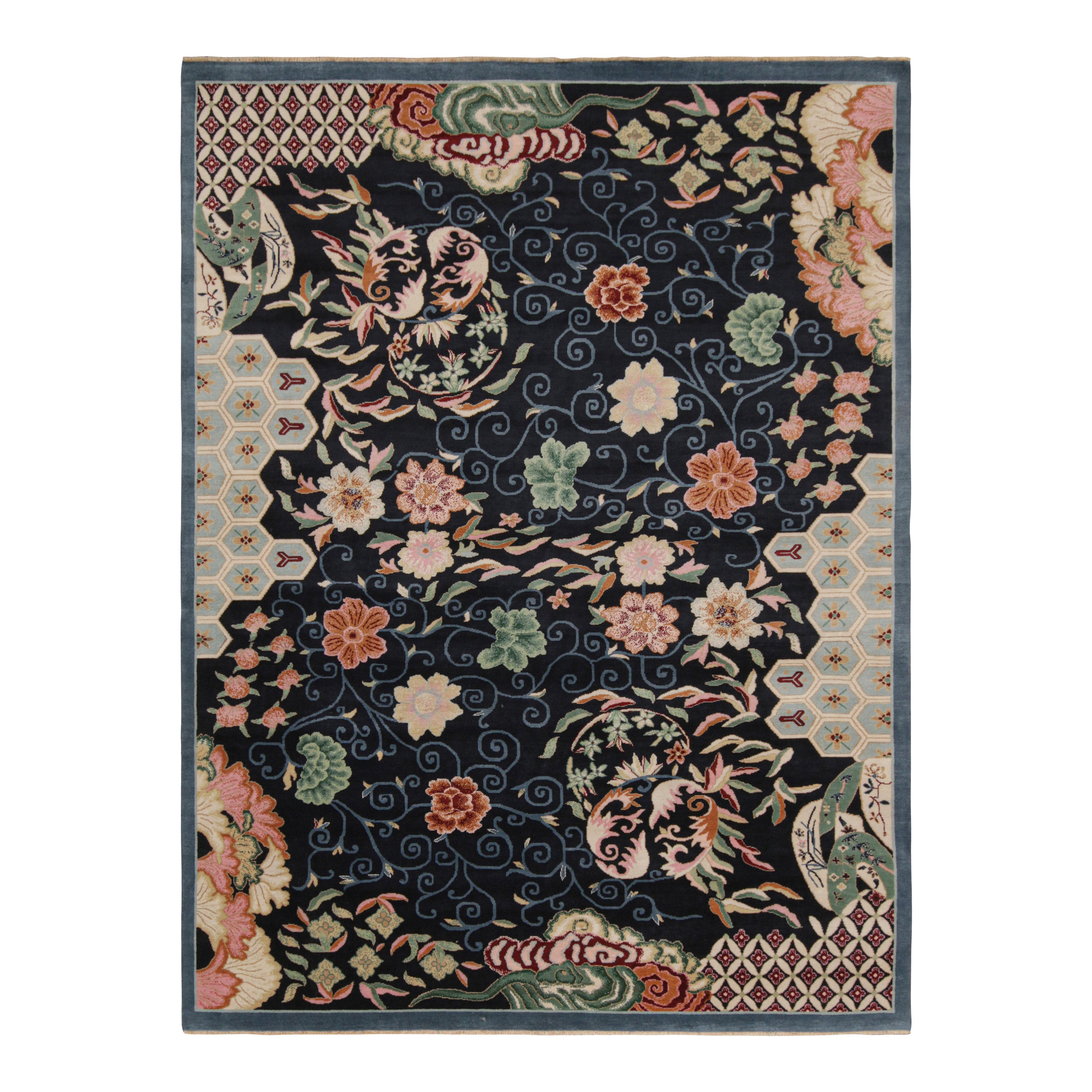 Rug & Kilim’s Chinese Style Art Deco rug in Blue with Colorful Florals For Sale