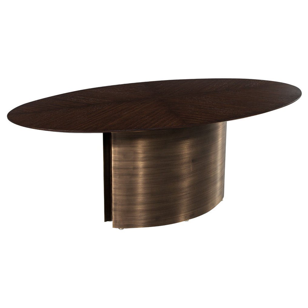 Table de salle à manger ovale moderne en chêne avec piédestaux en métal incurvés en vente