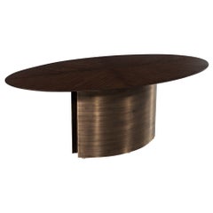 Modern Oval Oak Dining Table with Curved Metal Pedestals