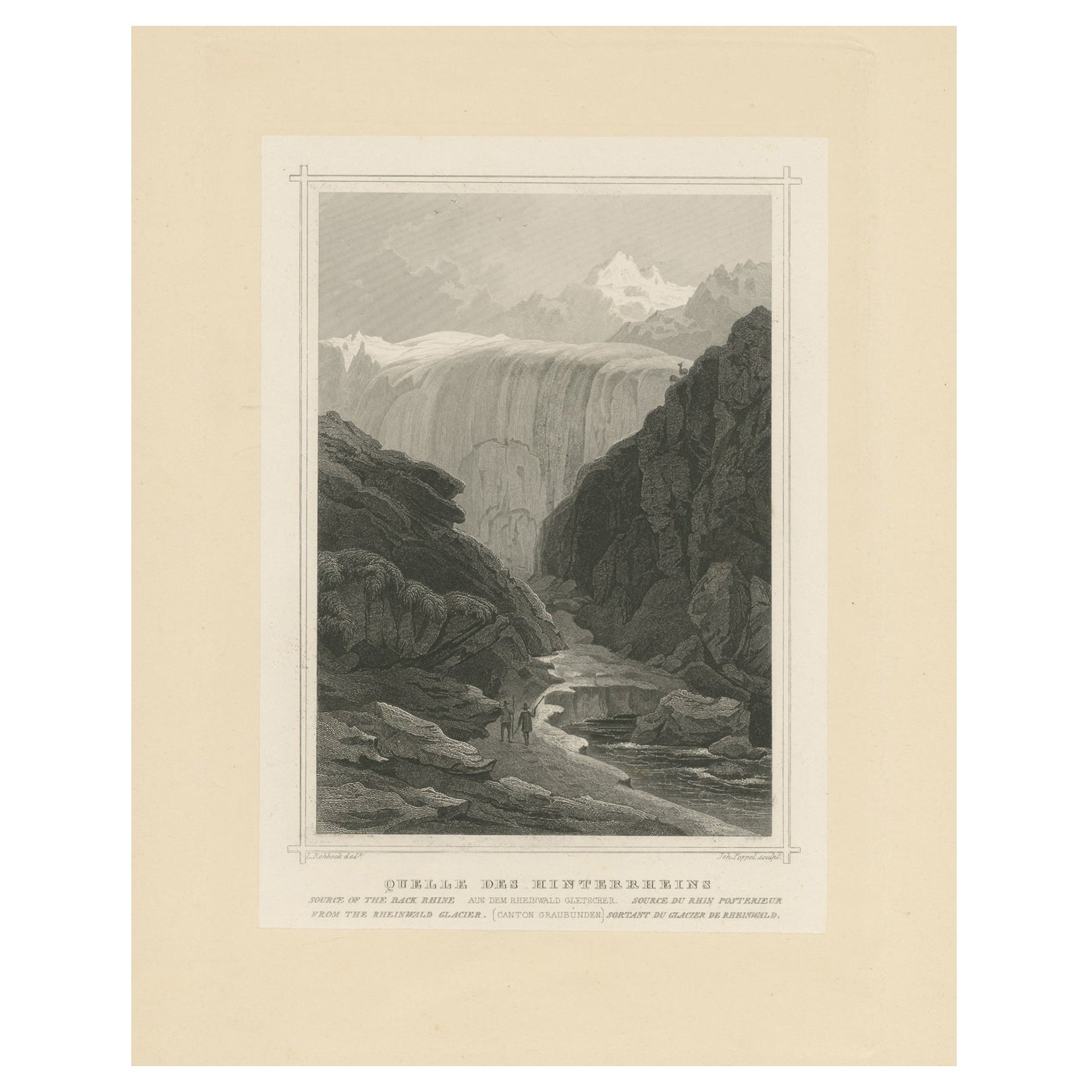 Antique Lithograph on Chine Collé of the Source of the Back Rhine, Graubünden For Sale