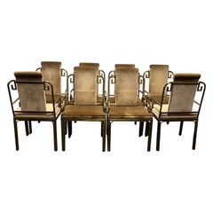 Hollywood Regency Mastercraft Brass Dining Chairs with Velvet Upholstery, Set 7