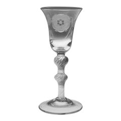 Antique Double Knop Jacobite Engraved Wine Glass, c1750