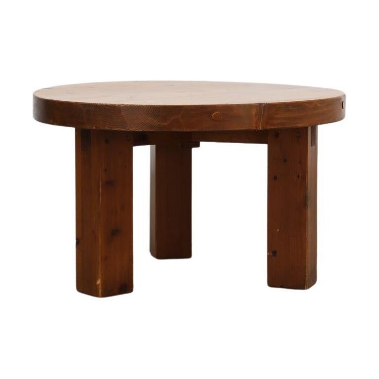 Pierre Chapo Inspired Heavy Pine Brutalist Side Table w/ Round Top & Square Legs For Sale