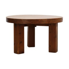 Retro Pierre Chapo Inspired Heavy Pine Brutalist Side Table w/ Round Top & Square Legs