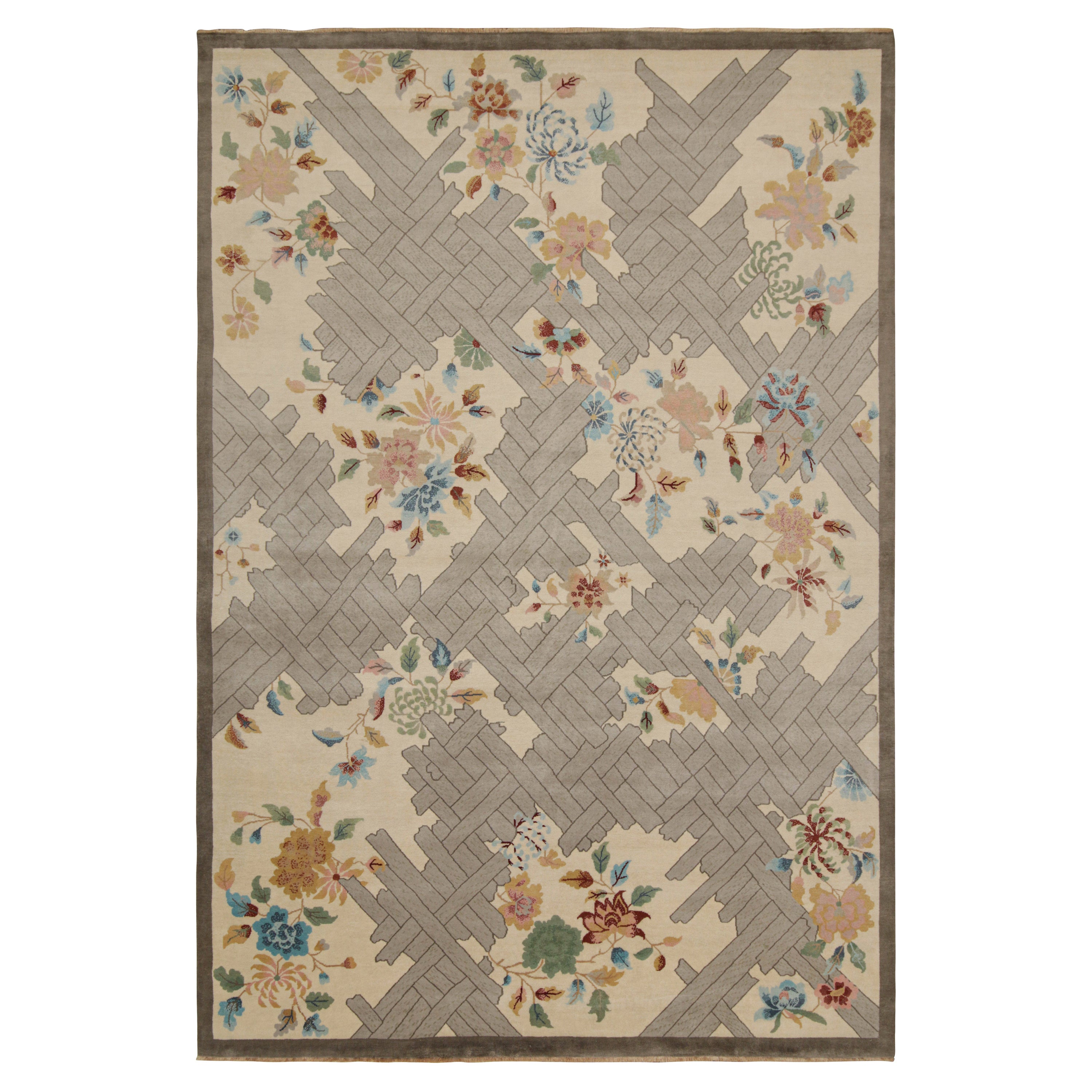 Rug & Kilim’s Chinese Style Art Deco Rug in Beige with Colorful Florals For Sale