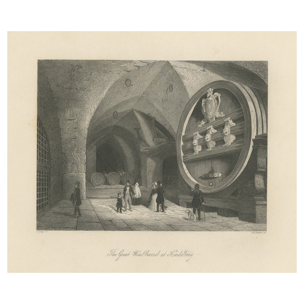 Antique Print of the Heidelberg Tun, World's Largest Wine Barrel