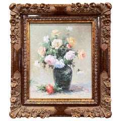 Vintage French Still Life Oil Painting on Canvas in Carved Gilt Frame