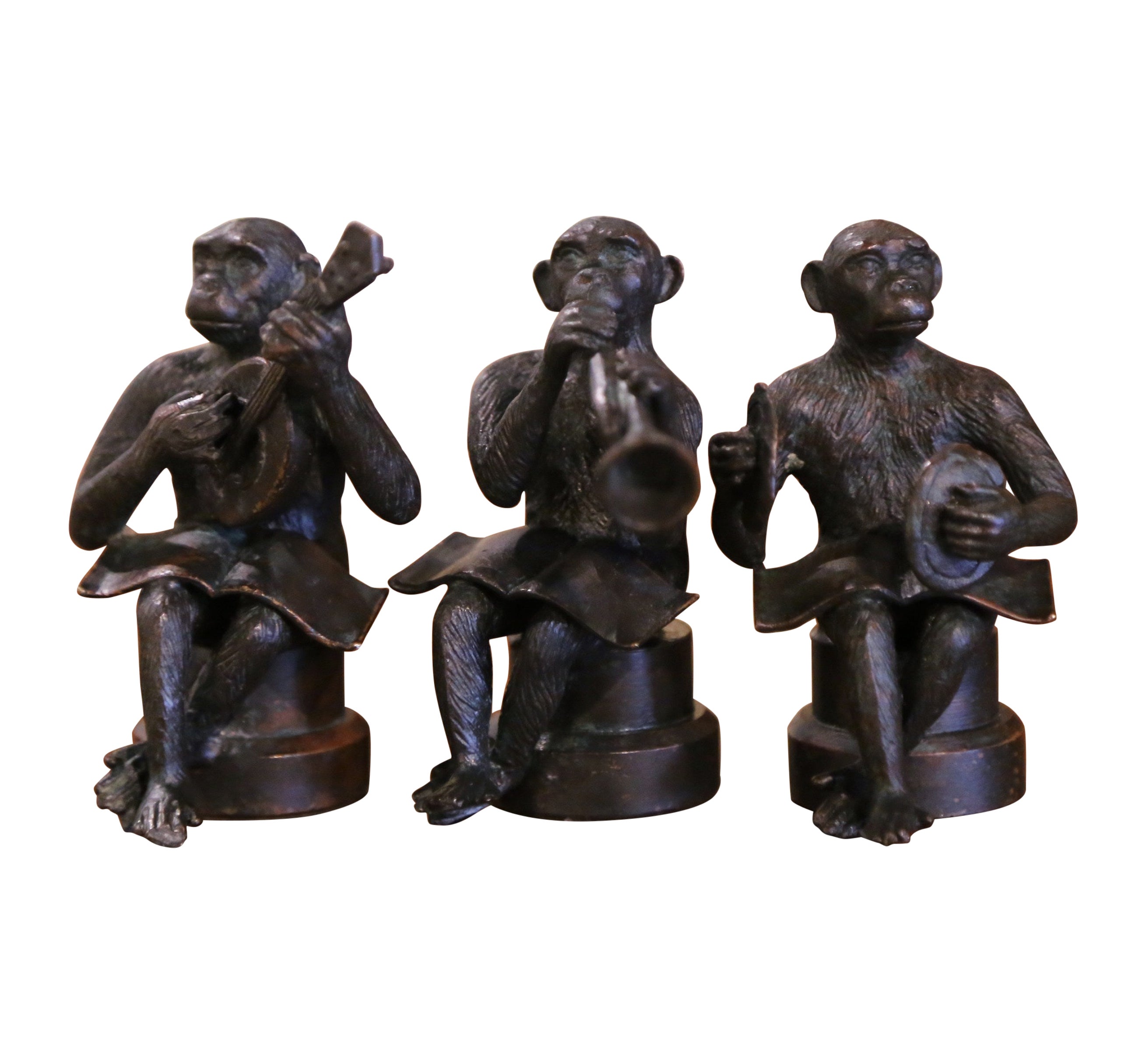 Vintage Satz von drei Miniature Bronze Musiker Affen spielen Instrumente