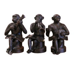 Vintage Set of Three Miniature Bronze Musician Monkeys Playing Instruments