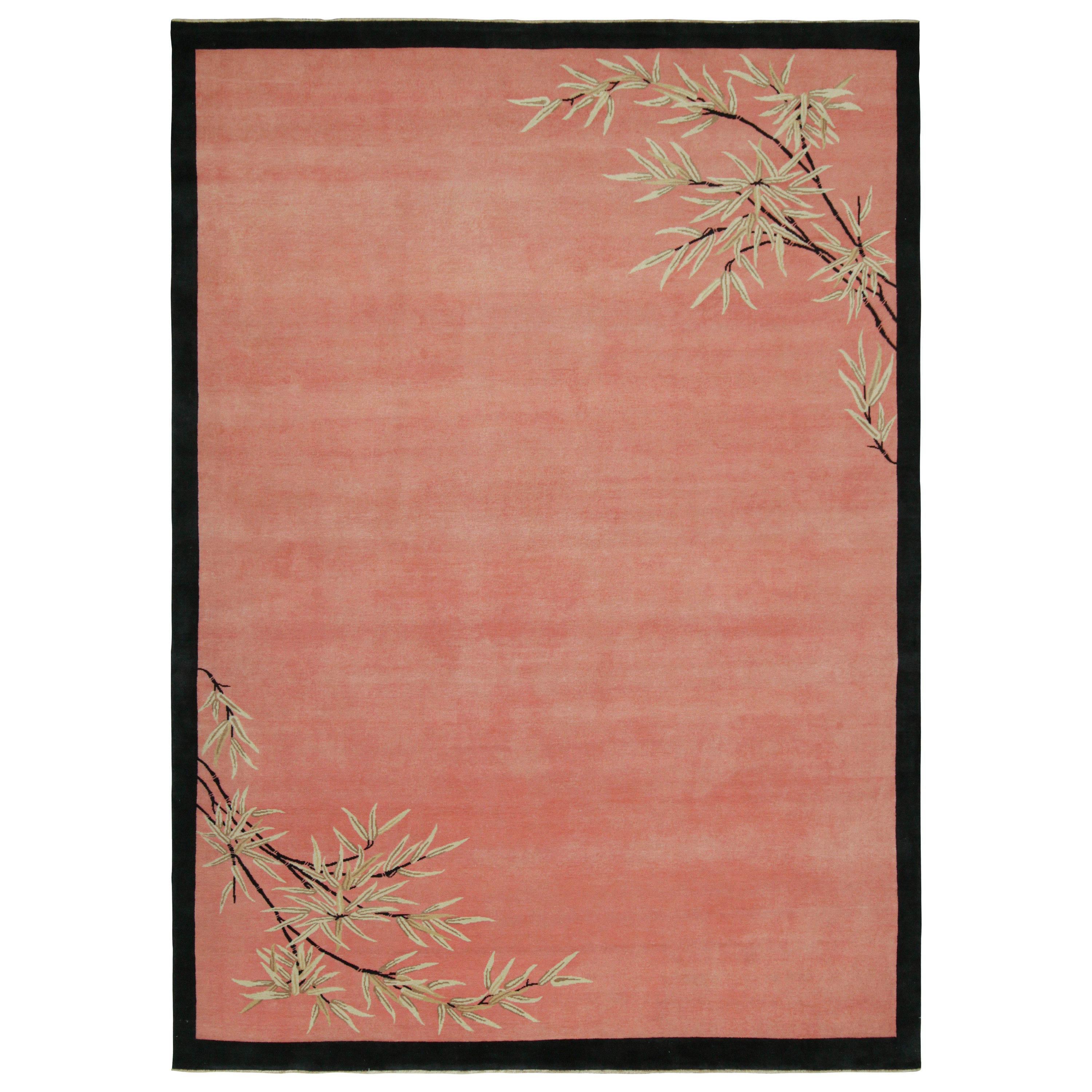 Rug & Kilim’s Chinese Style Art Deco Rug in Pink & Black with Floral Patterns For Sale