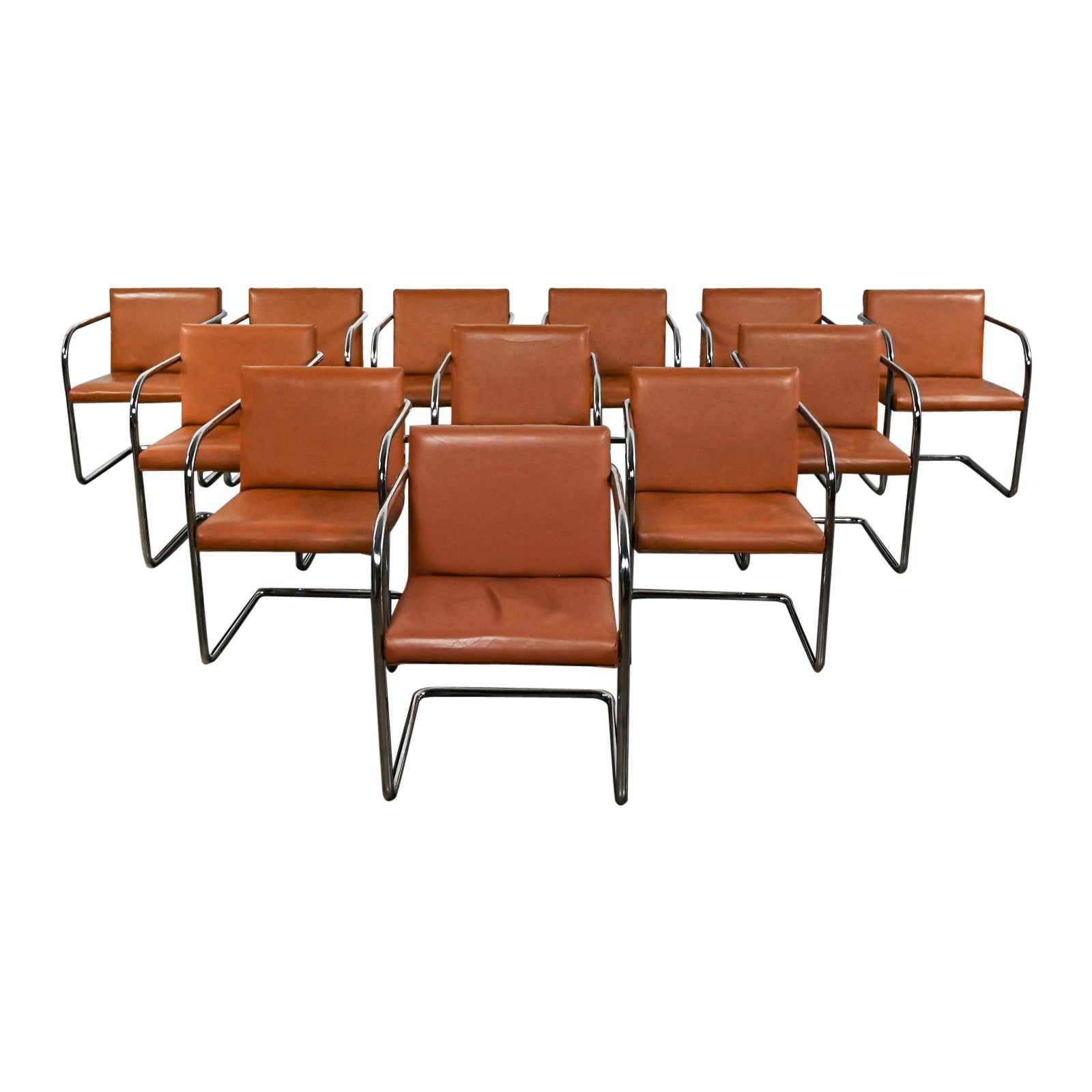 Thonet Bauhaus Brno Style Chairs Chrome & Cognac Leather Cantilever Set of 12  For Sale