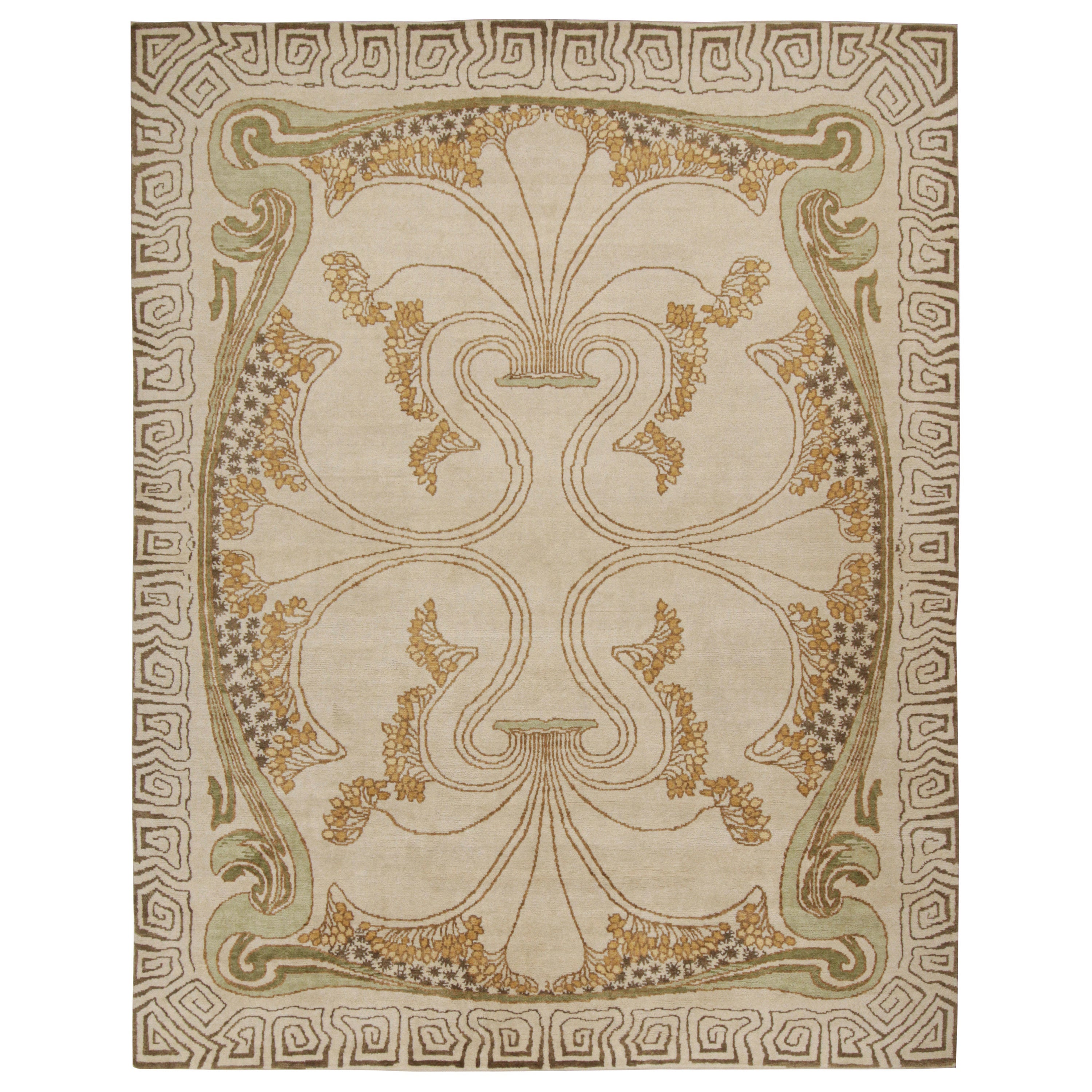 Rug & Kilim's French Style Art Deco rug in Cream & Gold Geometric Patterns (tapis Art déco de style français à motifs géométriques crème et or) en vente