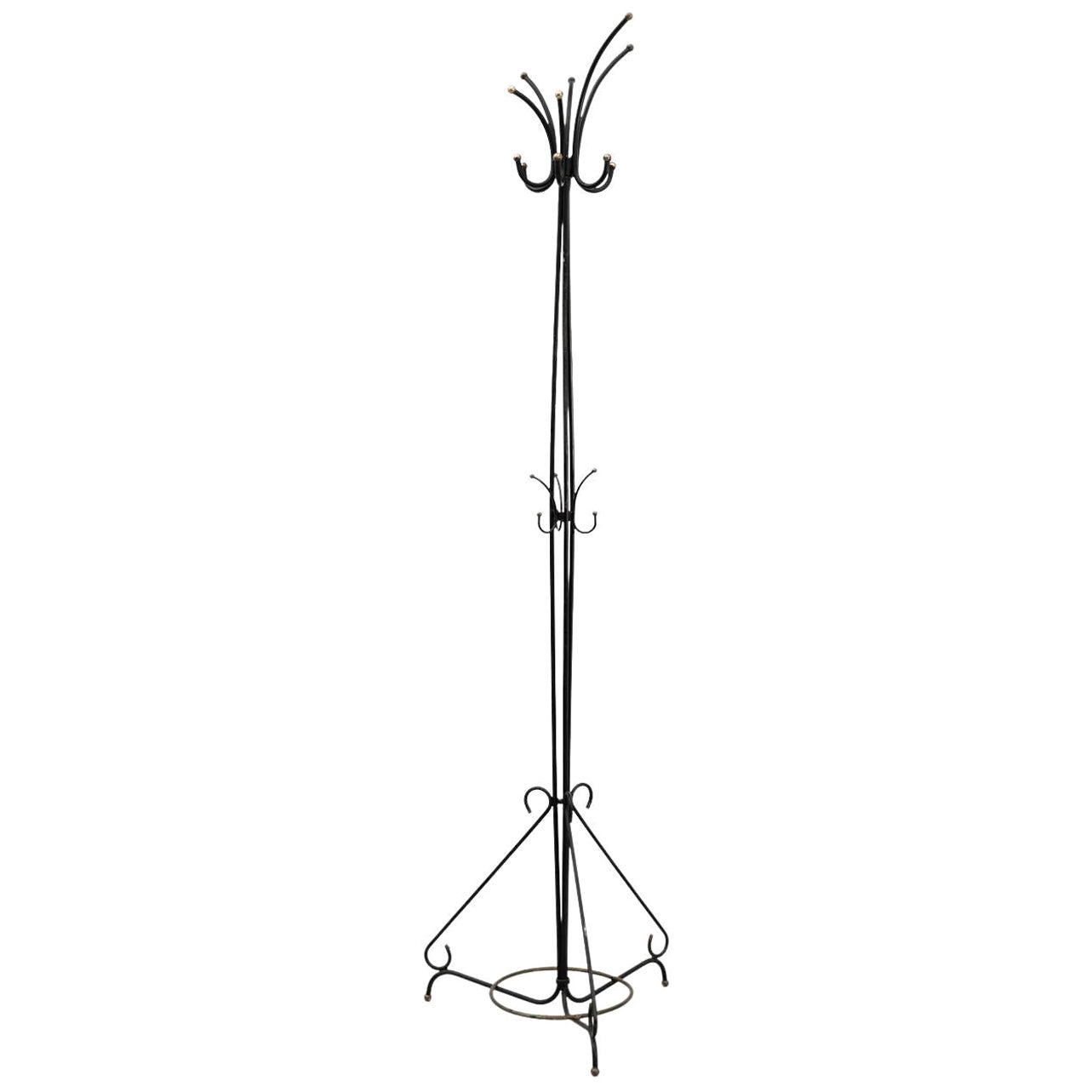 French Mid-Century Iron Jean Royere Style Standing Coat Rack w/ Triangular Base For Sale