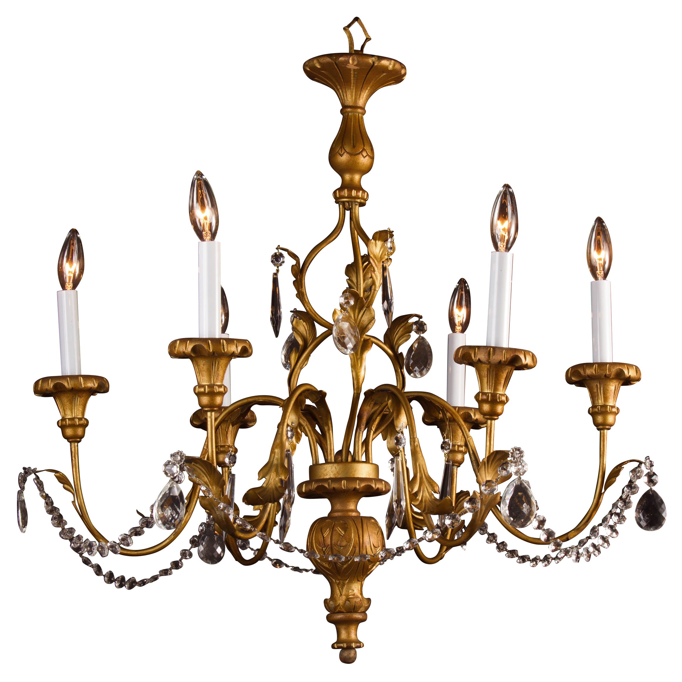 Italian Gold Gilded Iron, Wood, and Tole Chandelier with Crystal, 20th Century For Sale