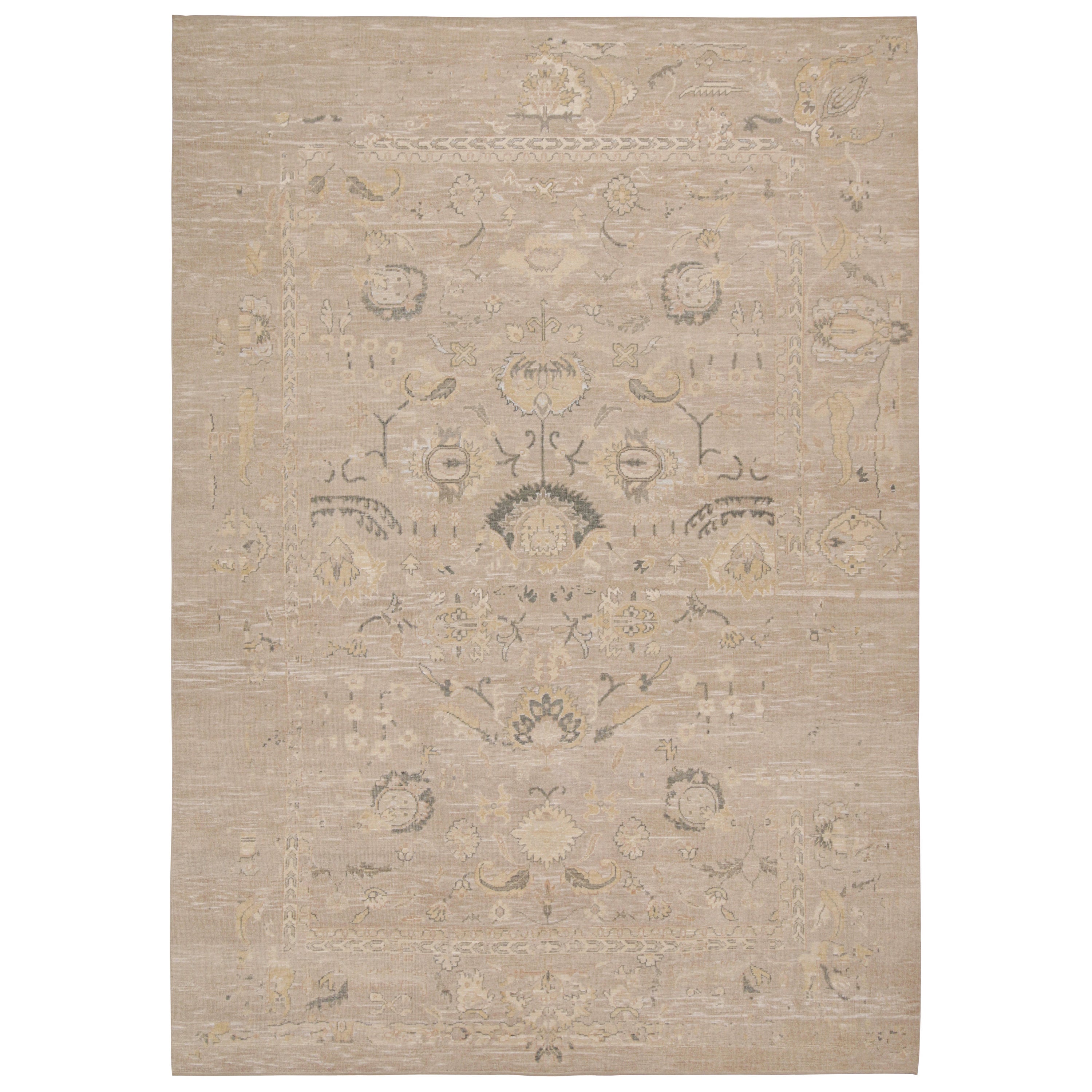 Rug & Kilim’s Oushak Style Rug in Beige, Gray & Gold Geometric Patterns For Sale