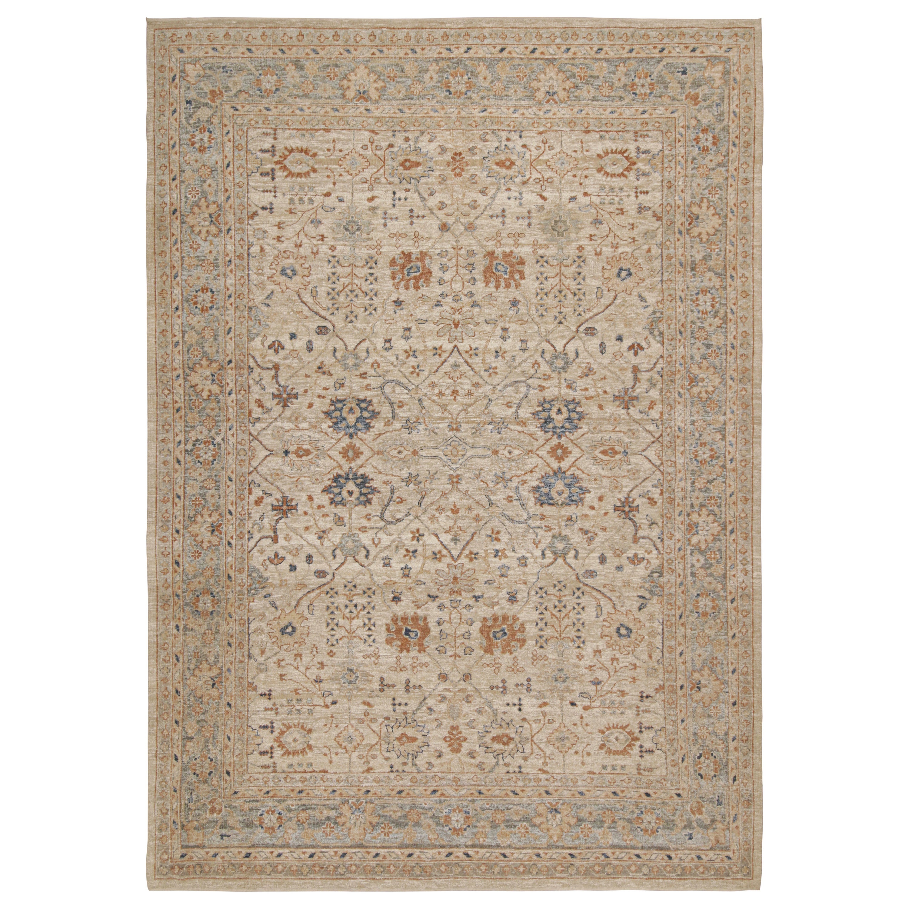 Rug & Kilim’s Oushak Style Rug in Cream, Blue, Beige-Brown Geometric Patterns