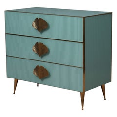 MidCentury Square Sky Blue Color Glass and Brass Commode, 2000