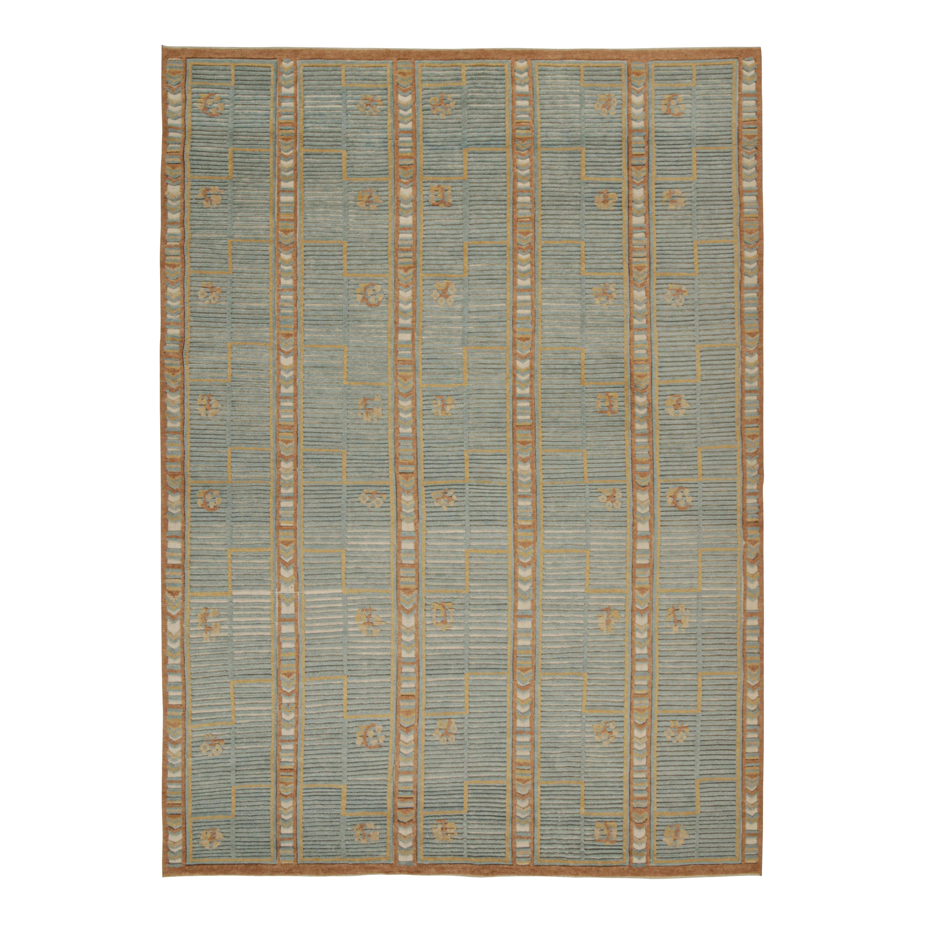 Rug & Kilim’s Scandinavian Style Rug in Blue, Brown & Gold Geometric Pattern For Sale