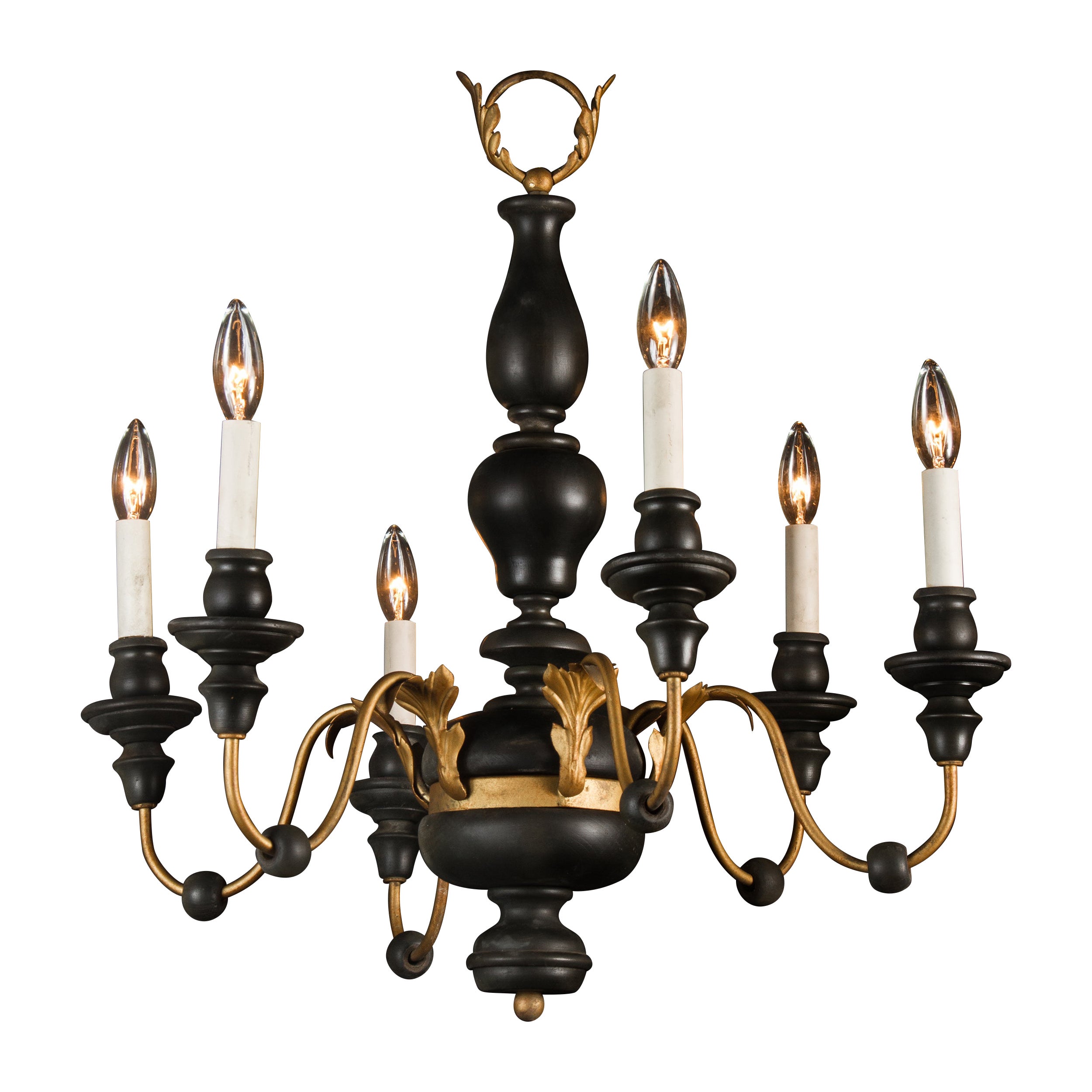 Black and Gold Wood Chandelier with Iron and Tole, Italian Mid-20th Century For Sale