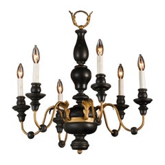 Retro Black and Gold Wood Chandelier with Iron and Tole, Italian Mid-20th Century